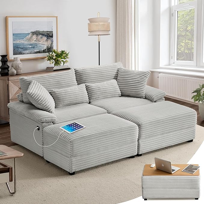 SUNWAVE 74" W Double Chaise Lounge Chair Indoor, Oversized Loveseat with Storage Ottoman, Corduroy Couch with USB Charging, Removable Ottoman, and Coffee Table Cushions for Living Room, Apartment