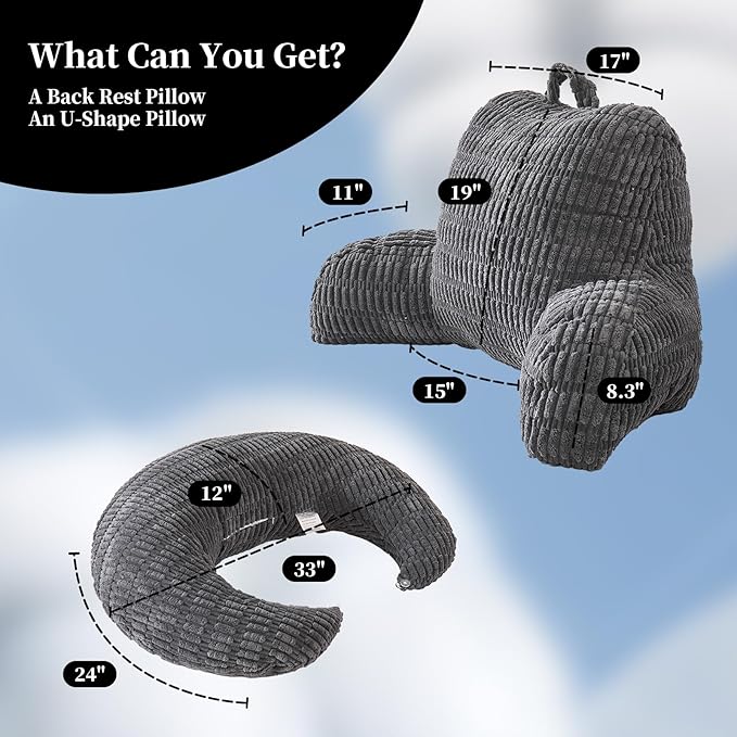 PAJEO Back Pillow for Bed Sitting Up,U Shaped & Back Support Pillow for Bed,19" Backrest with Lumbar & Arm Support,Comfy Corduroy Fabric,Lap Pillow for Gaming/Reading/Watching TV,Gray