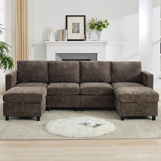 WUTUTUEE 25'' Square Storage Ottoman Module for Modular Sectional Sofa, Living Room Coffee Table Sectional Ottoman Footrest for Convertible Couch, Chenille Brown