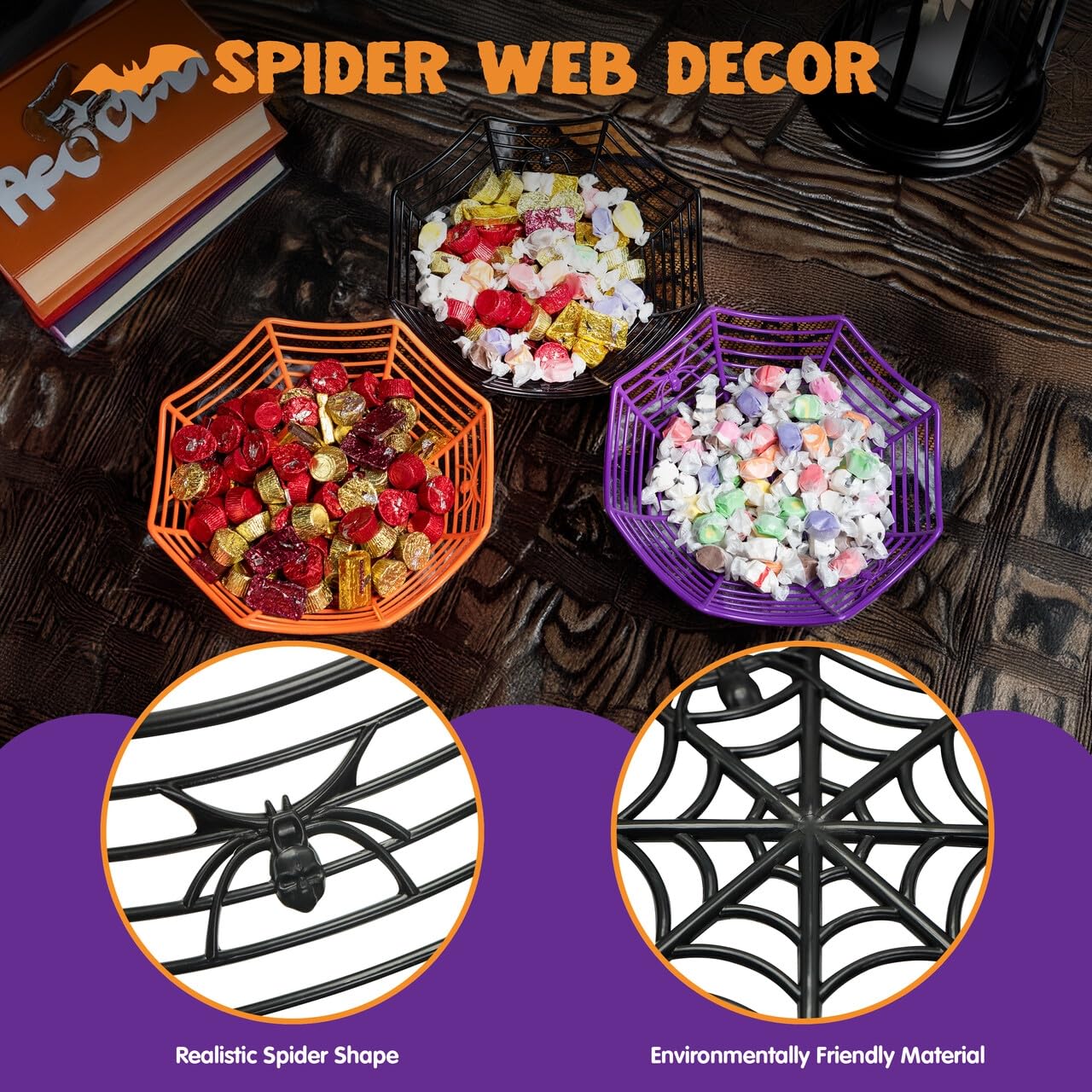 JOYIN 3 Pcs Halloween Candy Bowl Dish Spider Web Decorations Indoor Decor, Party Supplies Favors Table Desk Haunted House Trick Or Treat Basket Plastic
