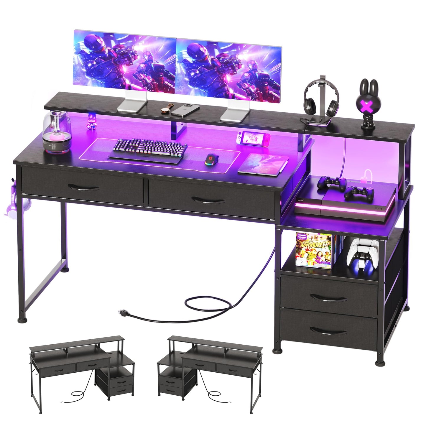 MUTUN 53" Computer Desk with 4 Drawers & Power Outlets, Reversible Home Office Desk with Monitor Stand & Printer Stand, Gaming Desk with Led Lights, Study Writing Work Desk Table for Bedroom (Black)