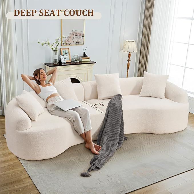 110" Oversized Modern Curved Cloud Sectional Sofa, Luxury Plush Chenille 4-Seater Deep Wide Seat Couch with 4 Pillows, No Assembly Needed Apartment Living Room Furniture, Beige