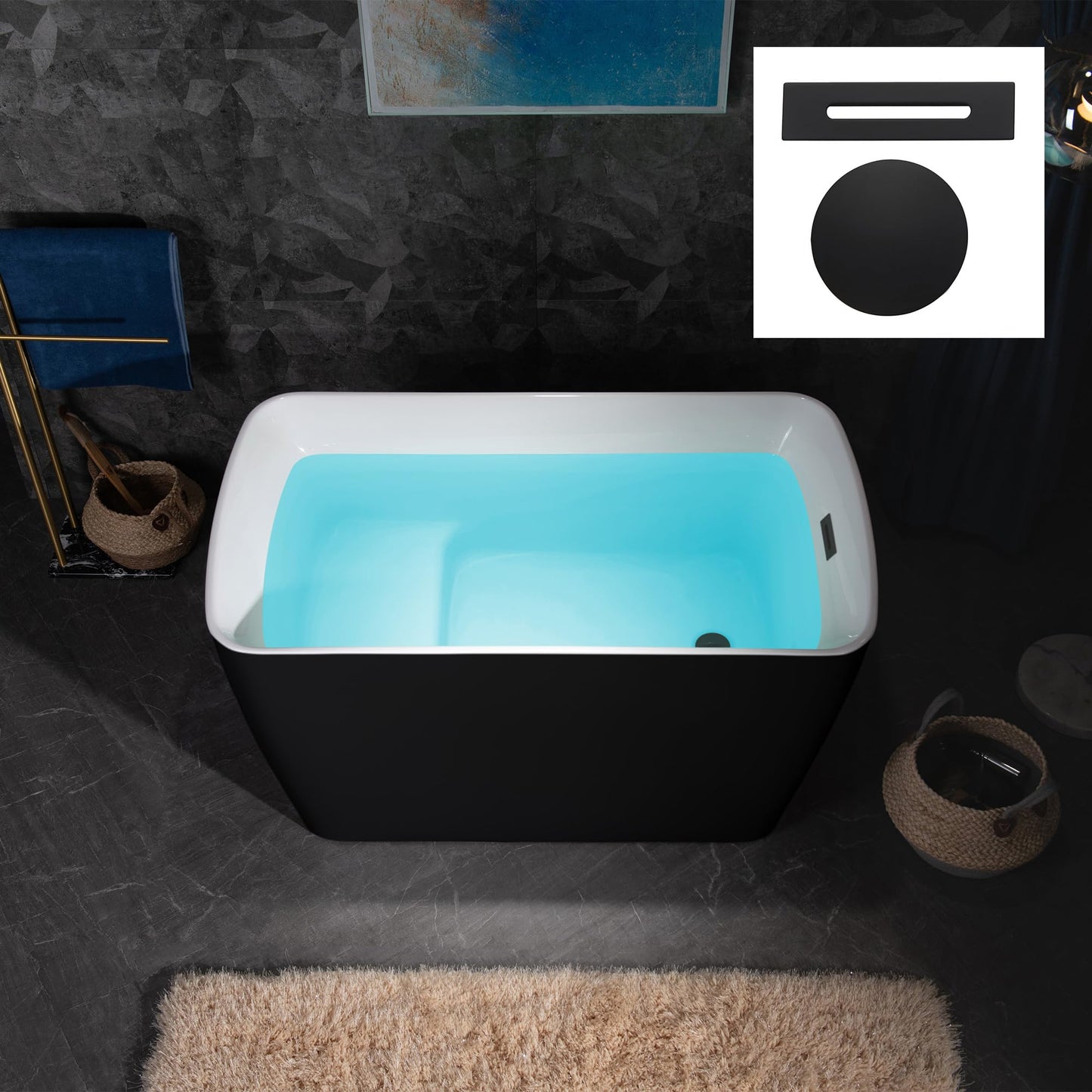 WOODBRIDGE 48" Acrylic Freestanding Square Shape Janpanese Soaking Tub with Pre-molded Seat and Matte Black Pop-UP Drain and Overflow Option, Black, B1870-MB