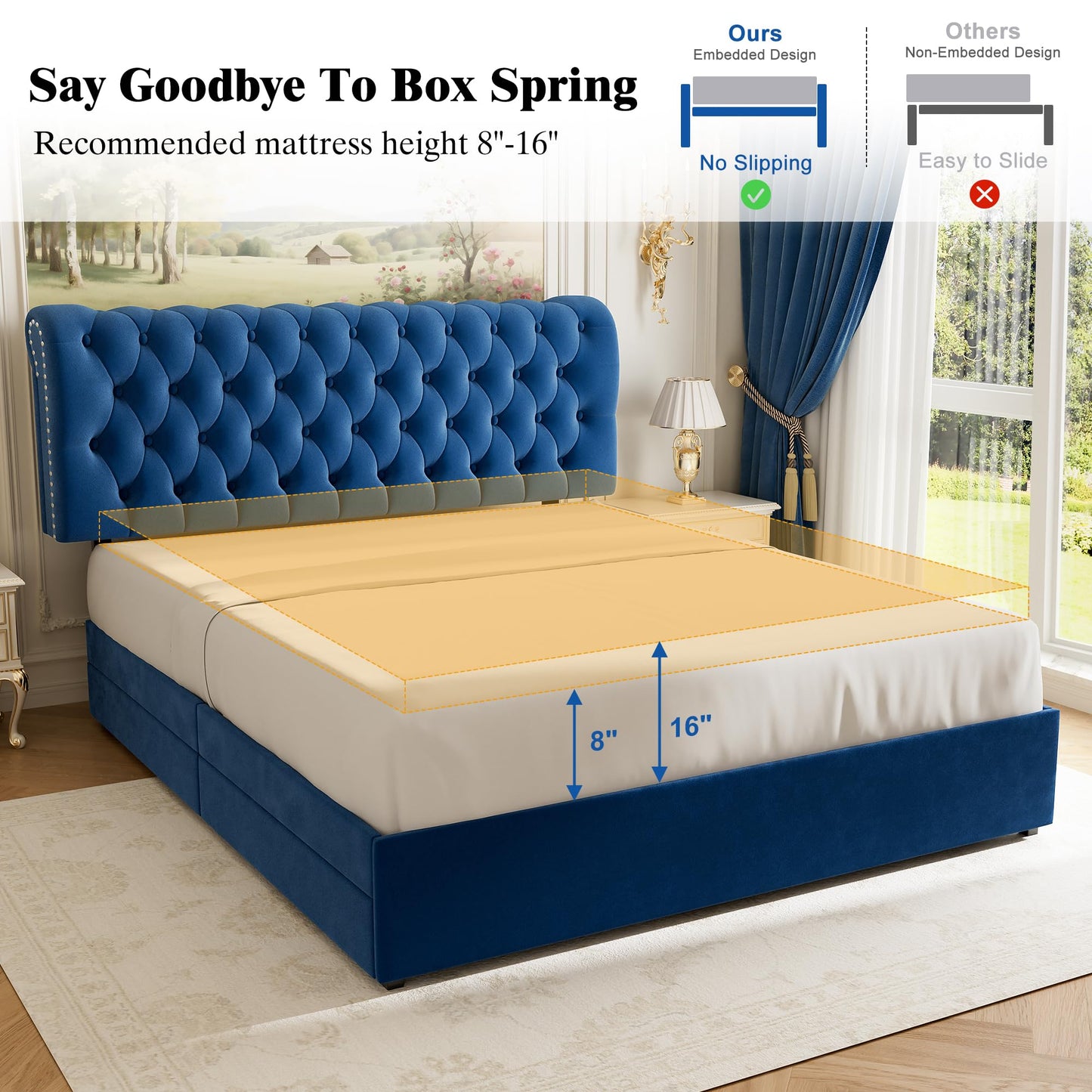 LegacyAmerhome Queen Bed Frame with Headboard, Upholstered Platform Bed Frame Queen Size 4 Drawers Storage, Metal Bed Adjustable Tufted Headboard, No Box Spring Needed, Wood Slat Support, Velvet Blue