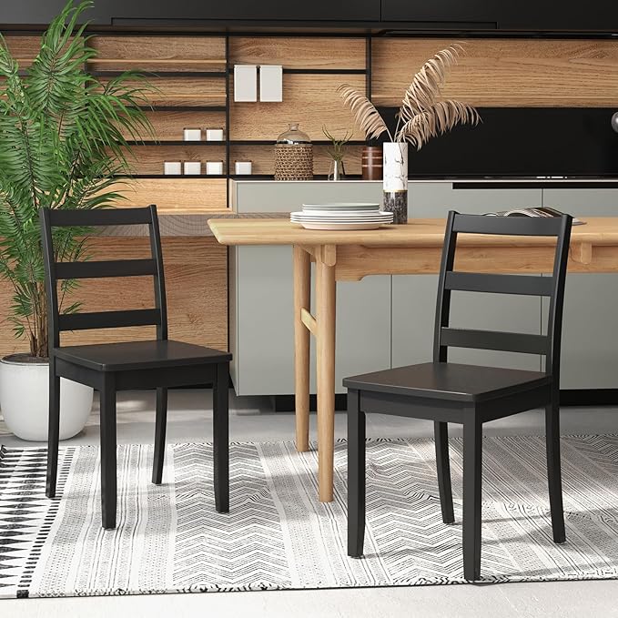 Giantex Wood Dining Chairs Set of 4 Black- Wooden Armless Kitchen Chairs with Solid Rubber Wood Legs, Non-Slip Foot Pads, Max Load 400 Lbs, Farmhouse Style High Ladder Back Wooden Dining Room Chairs