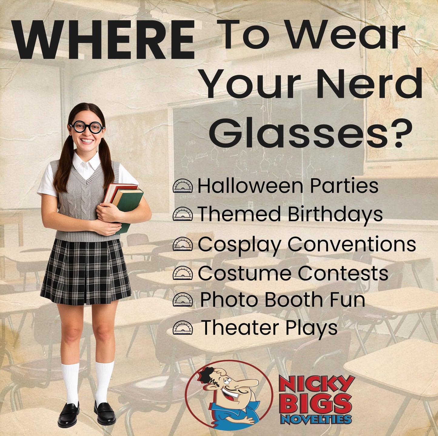 Nicky Bigs Novelties Round Shaped Bubble Thick Lensed Nerd Eye Glasses Fake Plastic Costume Prop Wizard