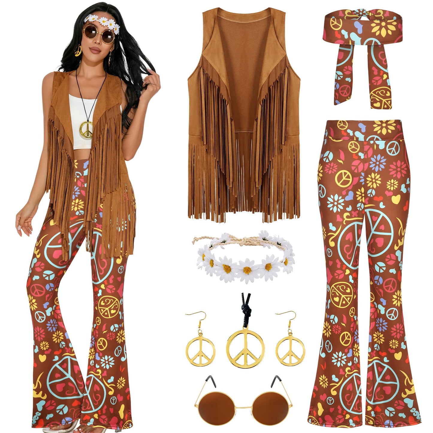 GERVAISE Womens 60s 70s Outfit Disco Hippie Costume Fringe Vest Boho Pants Accessories Set (Brown, Medium)