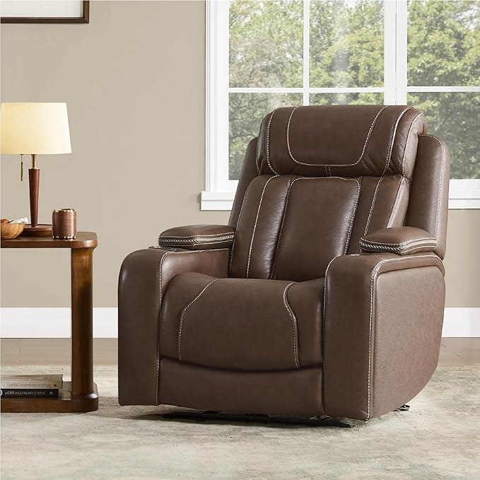 Watson & Whitely Genuine Leather Electric Recliner Chairs, Oversized Super Zero Gravity Recliner Triple-Motor W Adjustable Lumbar Headrest Support & Hidden Storage, Cafe Brown