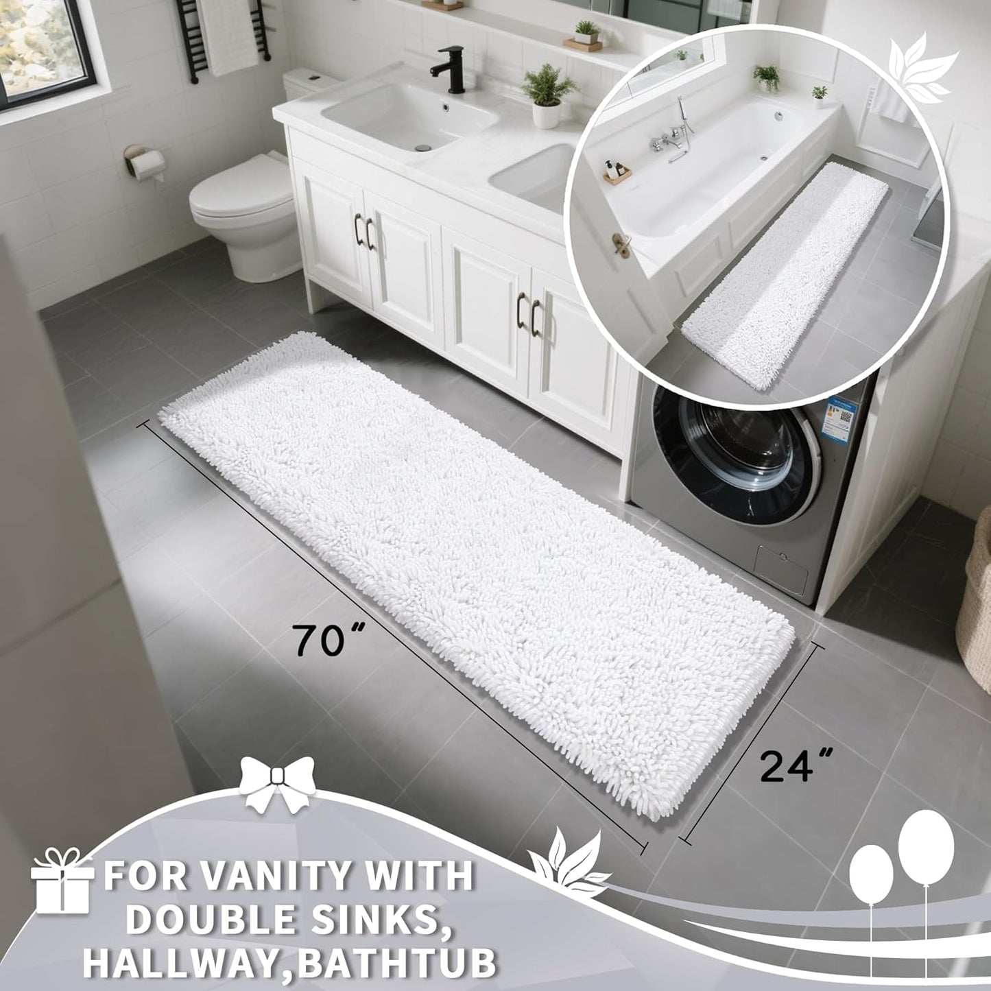 Yimobra Long Bathroom Rugs Runner 70x24 Inch, Extra Thick Soft Absorbent Chenille Bath Mat, Non Slip Machine Washable, Quick Dry Bath Rugs for Bathroom Floor, Tub and Shower, White