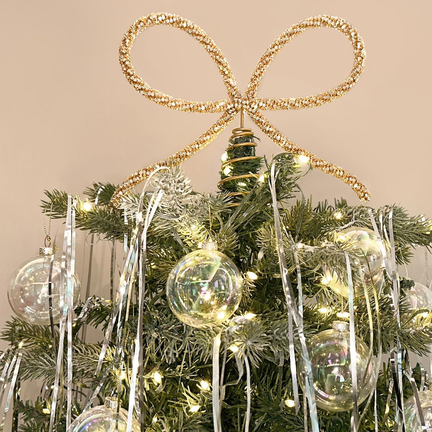 Christmas Decorations - Christmas Decor - Gold Glass Rhinestone Bow Tree Topper - Xmas Holiday Tree Top Decoration for Indoor Outdoor Home Room Party