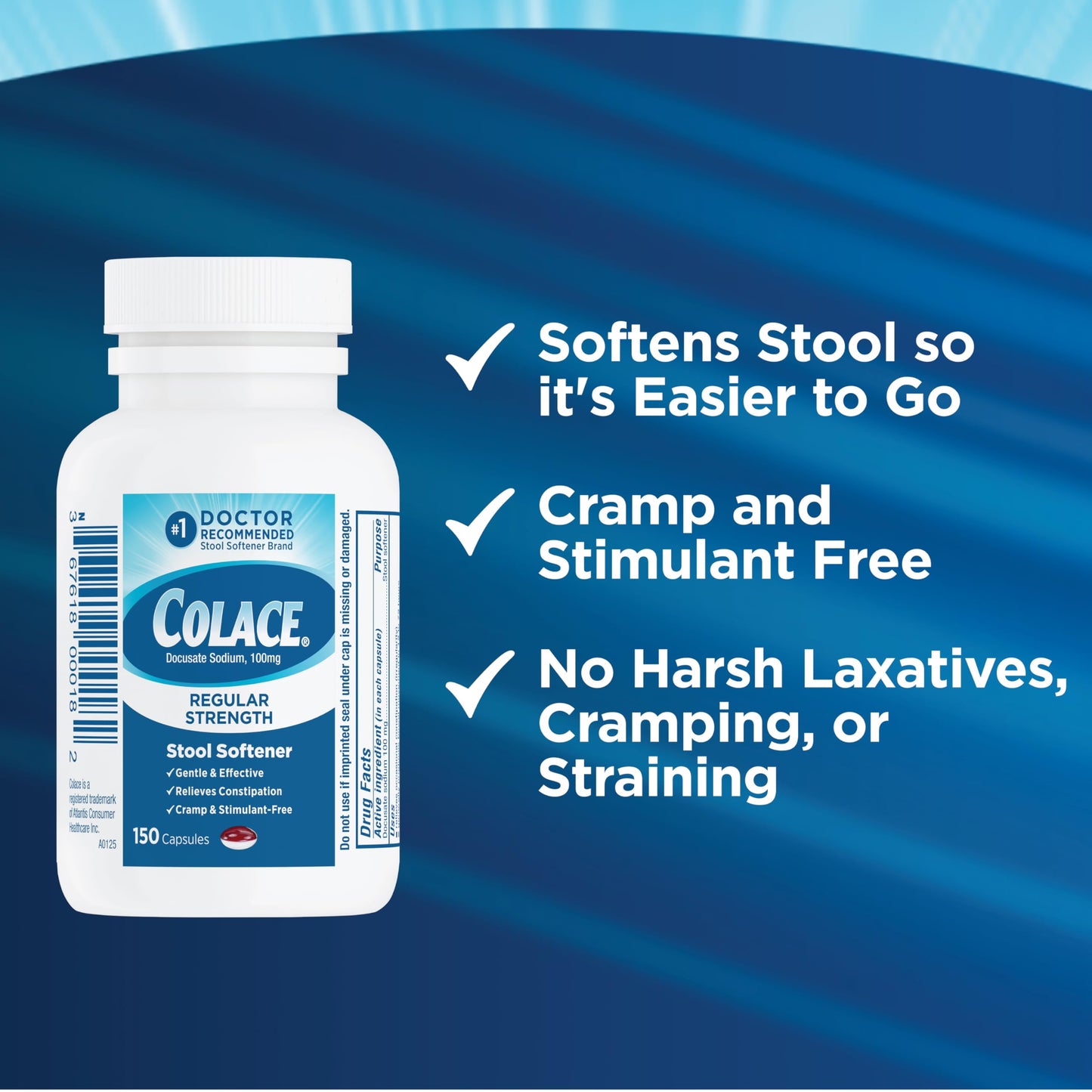 Colace Stool Softener 100 mg, 150 Capsules, Constipation Relief, Docusate Sodium, Gentle Docusate, Stimulant-Free, Regular Strength, #1 Doctor Recommended Stool Softener Brand