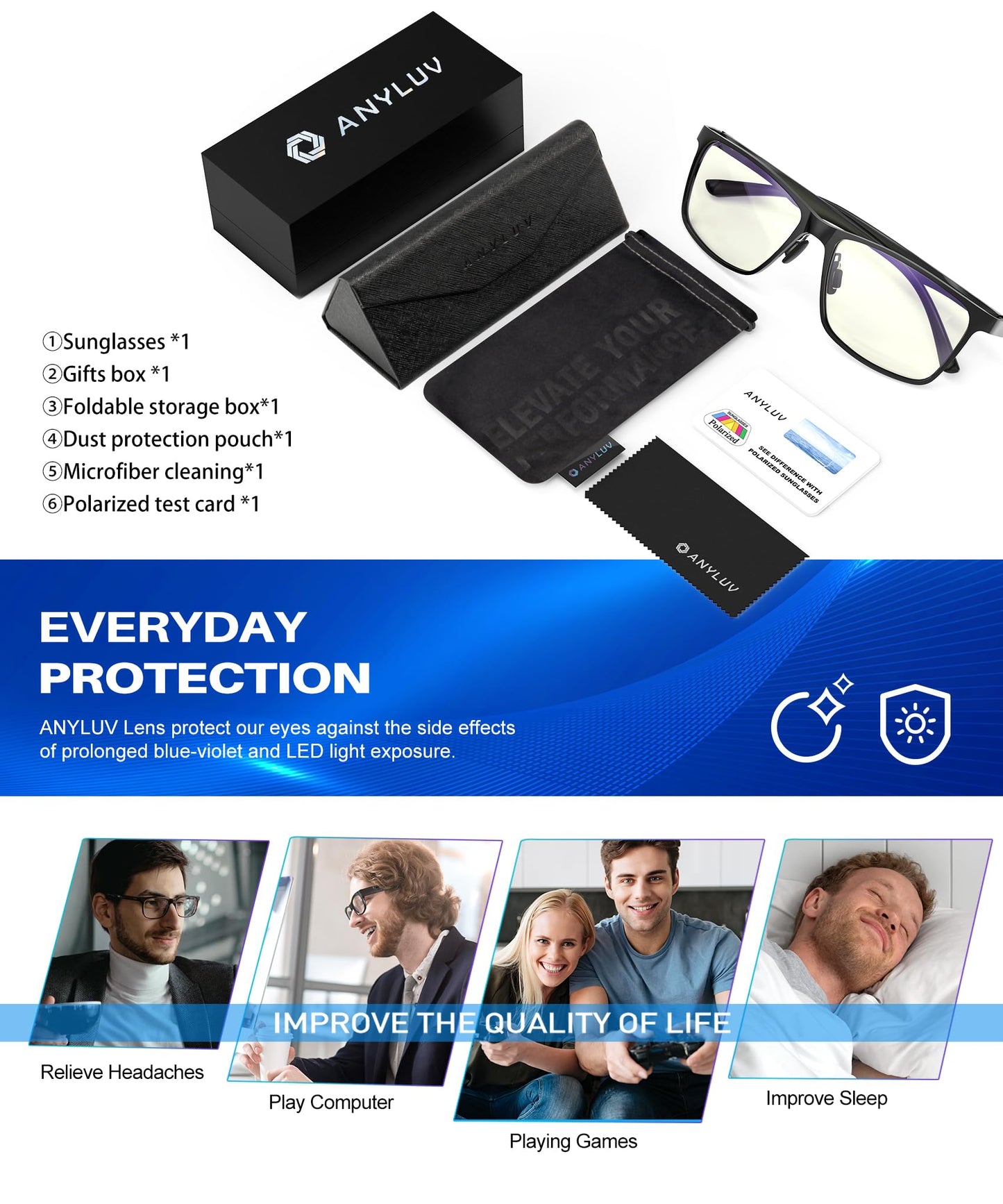 ANYLUV Blue Light Glasses Men/Women, Al-Mg Working Blue Light Blocking Glasses, Relieve Eyestrain Eye Protection-Black