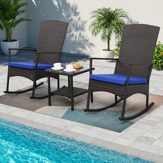 Outdoor PE Wicker Rocking Chair 3-Piece Patio Rattan Bistro Set 2 Rocker Armchair and Glass Coffee Side Table Furniture Washable Lacing Cushions, Blue