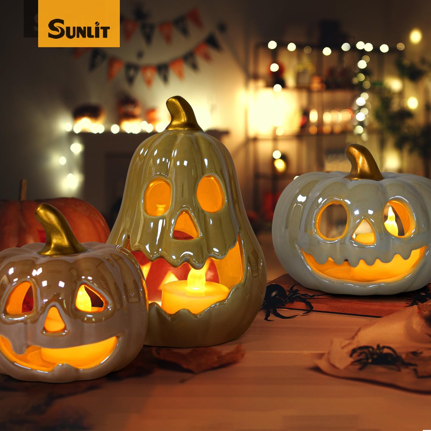 Sunlit Ceramic Pumpkin with 3 Tea Lights, Jack-O-Lantern Candle Holder Set of 3, Tabletop Indoor Halloween Decorations for Holiday Party Home, Pearl Finish