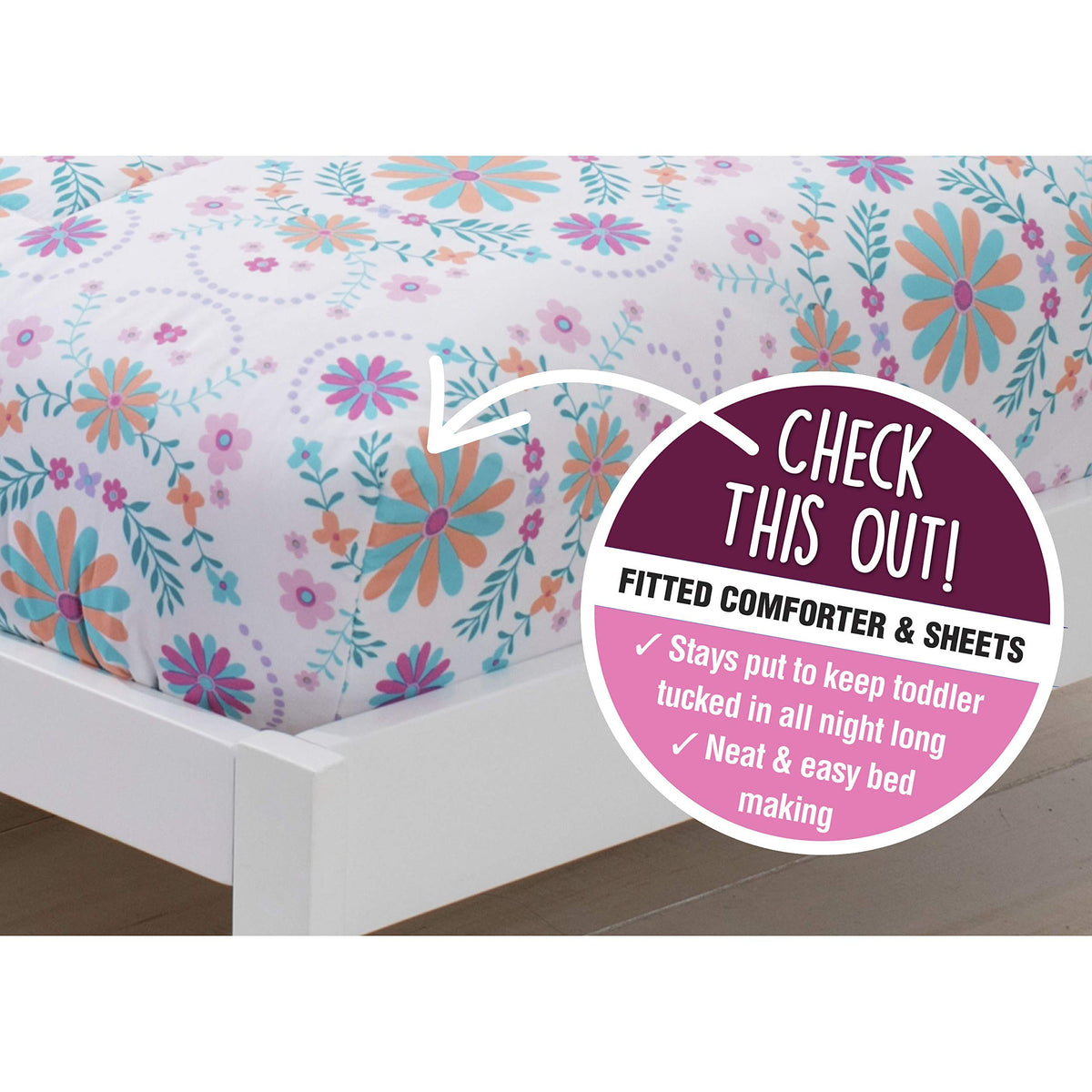 Delta Children 4 Piece Toddler Bedding Set for Girls - Reversible 2-in-1 Comforter - Includes Fitted Comforter to Keep Little Ones Snug, Bottom Sheet, Top Sheet, Pillow Case - Pink Bohemian