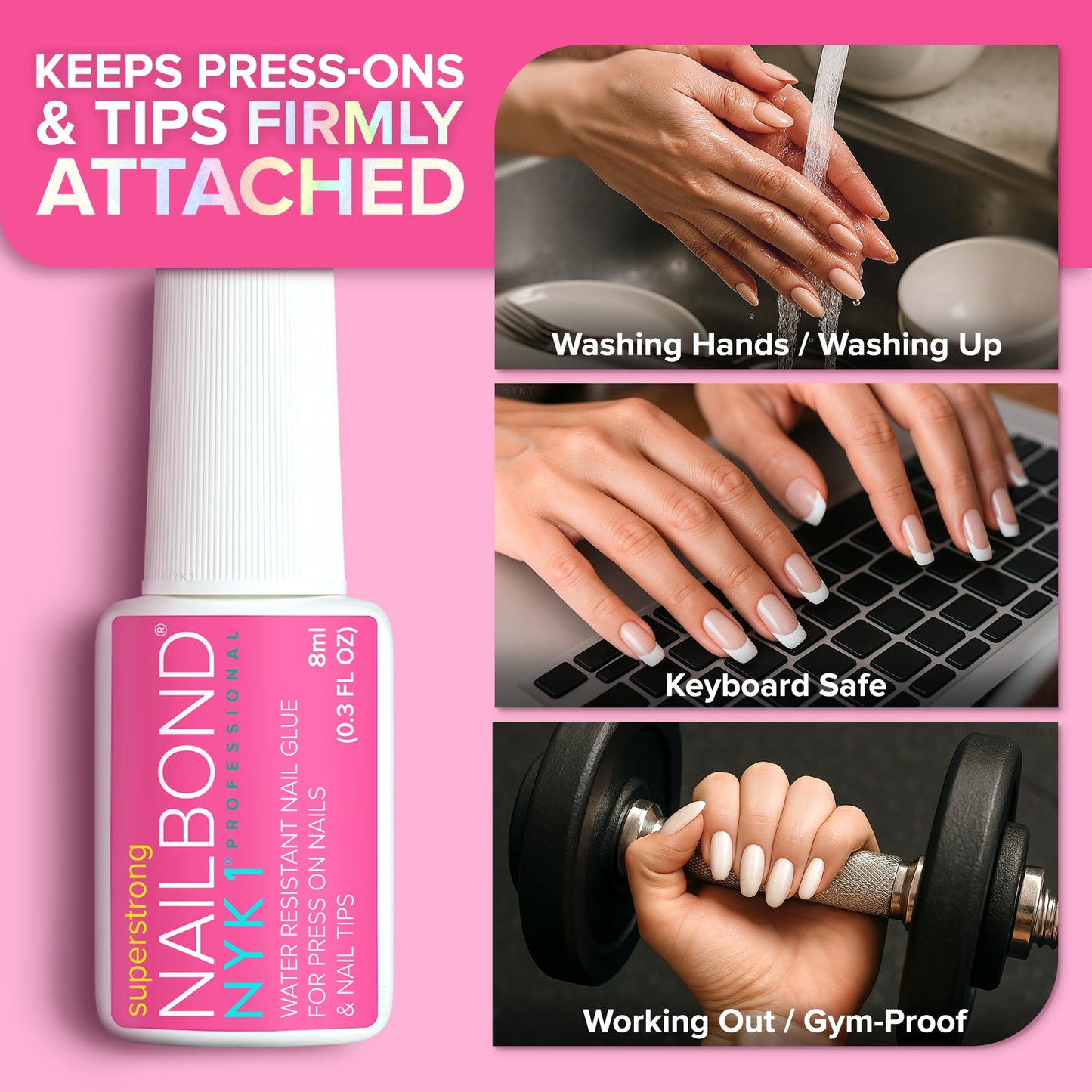 Super Strong Nail Glue for Press On Nails, Nail Tips & Acrylic Fake Nails (8ml) NYK1 NailBond Brush On Glue for Press Ons, Tips & Acrylics - Long Lasting, Maximum Strength, Mess-Free Application