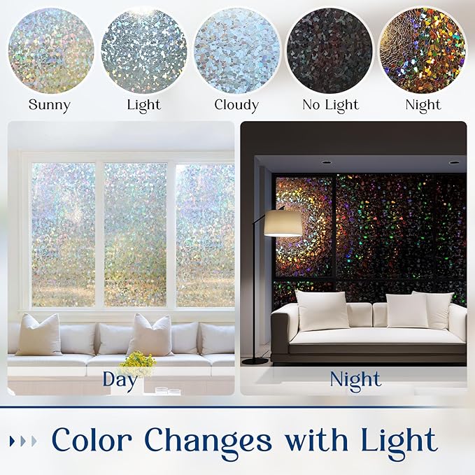 Haton Window Privacy Film Rainbow Film Stained Glass Window Clings, 3D Decorative UV Sun Blocking Sticker, Removable Static Cling Heat Control Tint for Home Door, 17.5" x 157.4" Non-Adhesive