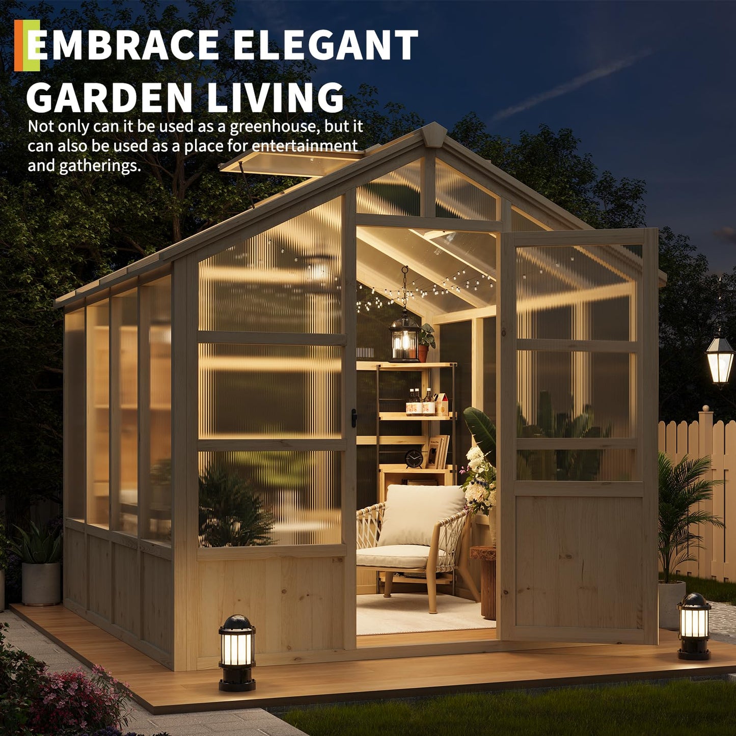 8x8FT Greenhouses for Outdoors, Wooden Greenhouse with Lockable Door, Wood Frame & Adjustable Vent, Polycarbonate Panel Heavy Duty Greenhouse for Outside, Garden, Yard, Light Brown