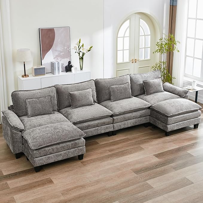 URRED Cloud Couch Modular Sectional Sofa, 157" Modern U Shaped Deep Seat Sofa with 2 Ottomans & Pillows, Ultra Comfy Chenille Couches for Living Room, Bedroom or Apartment, Gray