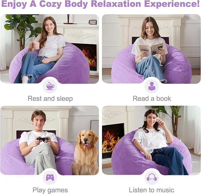 Homguava 3.5FT Bean Bag Chair: Teardrop Bean Bags with Memory Foam Filled, Compact Beanbag Chairs Soft Sofa with Corduroy Cover (Purple)