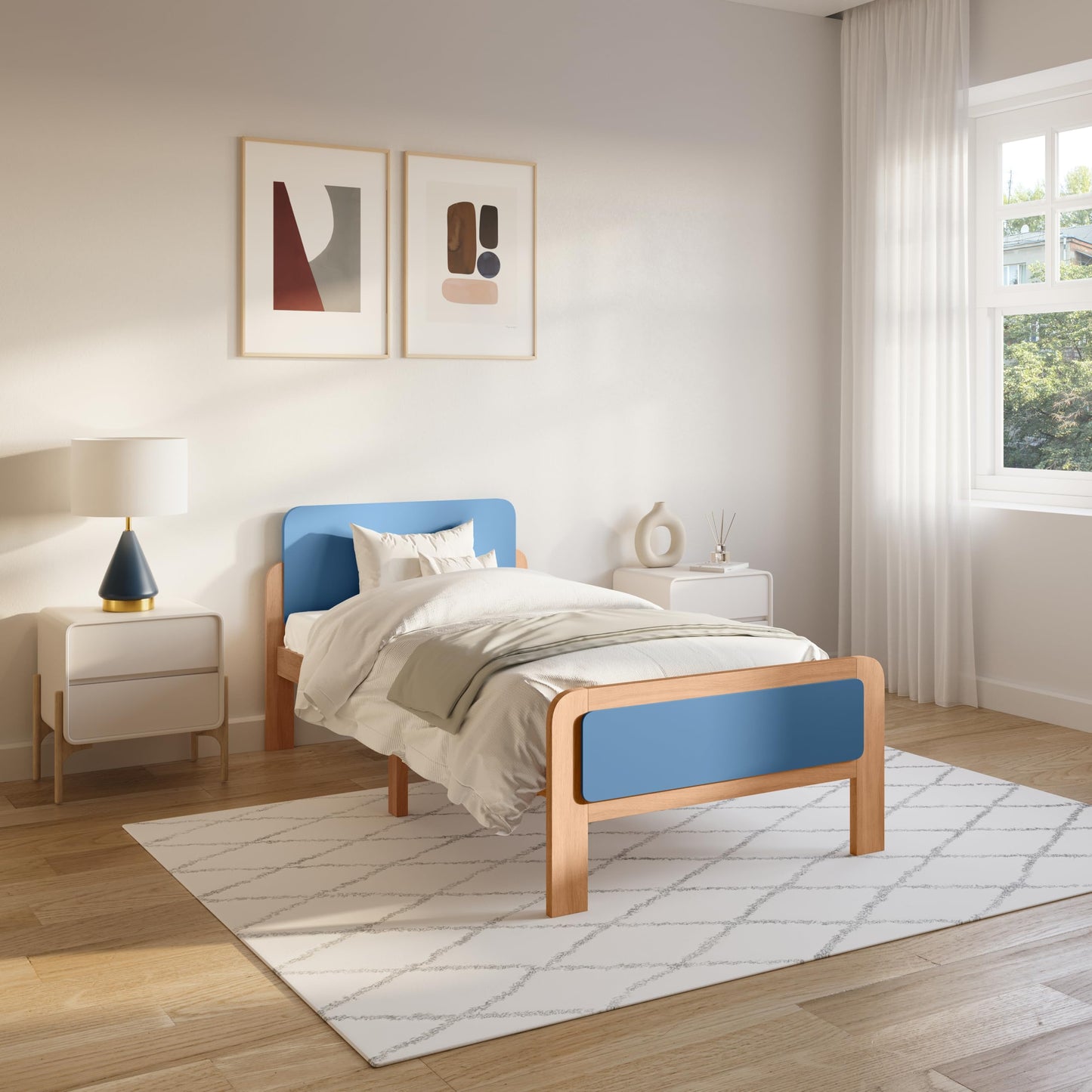 Twin Size Bed Frame, Solid Wood Platform Bed with Slats, Noise-Free and Non-Slip Design, Natural Wood with Blue Accent
