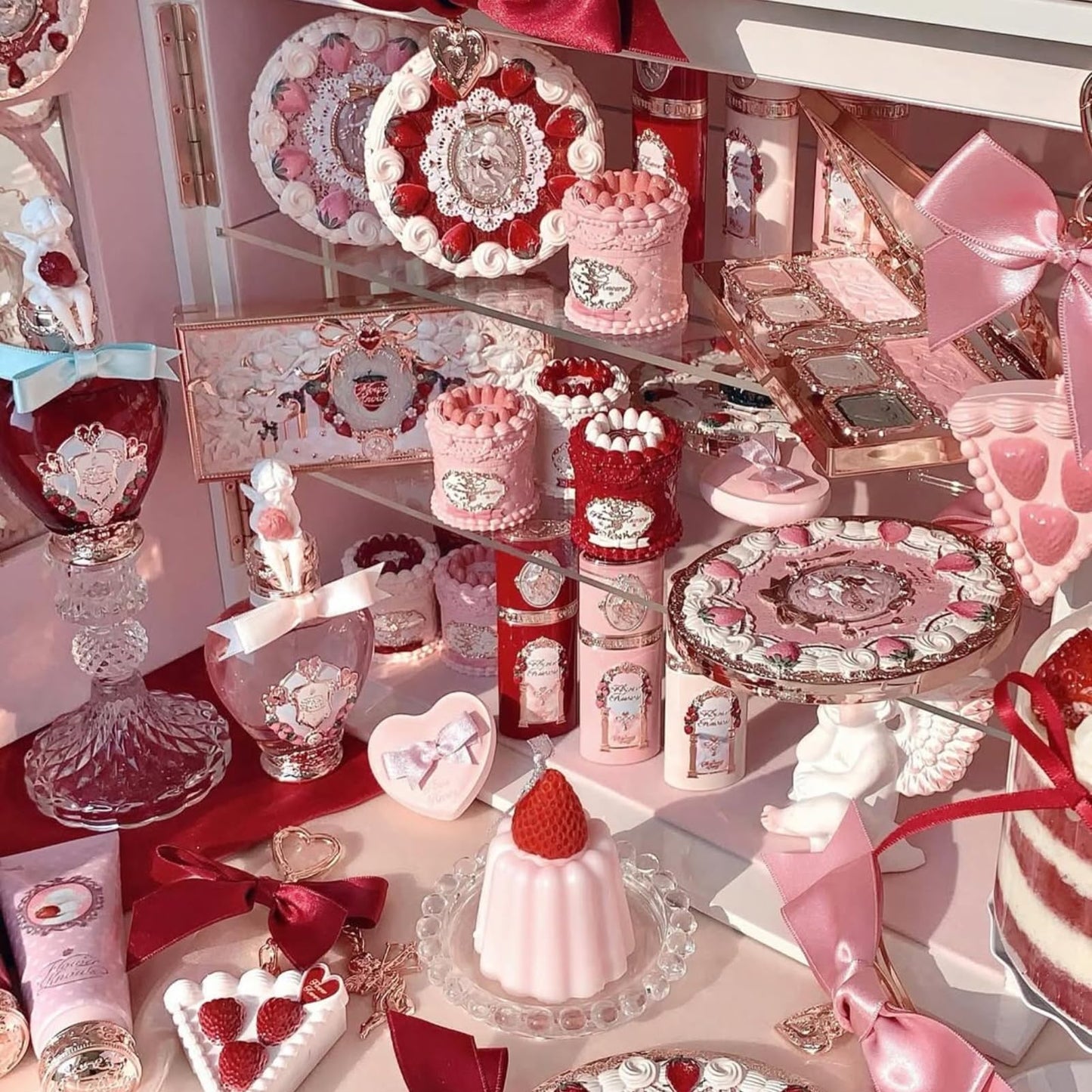 Flower Knows Strawberry Cupid 12-Piece Makeup Gift Box Set,Lip Cream×2+Liquid Blush×2+Makeup Palette×1+Hand Mirror×1+Solid Perfume×1+Hair Clip×1+Cushion Powder Puff×2+Eyeshadow Brush×1+Gift Box×1