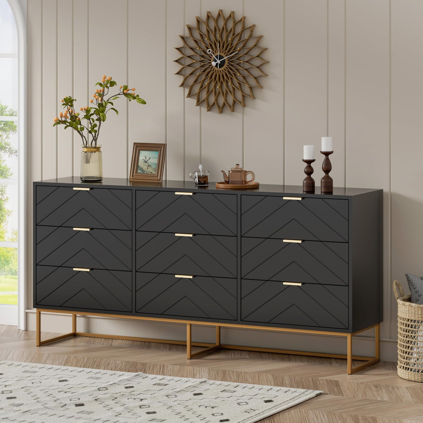 Scurrty 59" Large Chest of Drawers, Storage Cabinet 9 Drawer Dresser with Lines, Black Dressers with Storage,Dressers for Living Room, Bedroom