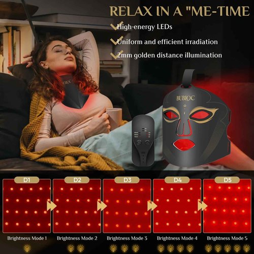 Onisdin Red Light Therapy Mask Set, Five-Level Brightness Adjustment for Face and Neck, 630nm Infrared Light + 850nm Near-Infrared LED Therapy Phototherapy, Portable Mask with Power Storage, Black