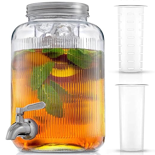 Fluted 1-Gallon Drink Dispenser. Glass Beverage Dispenser with Stainless steel Spigot plus Ice Cylinder and Fruit Infuser!...