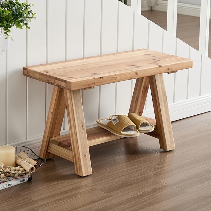 Janoray 30" Entryway Bench with Storage Farmhouse Narrow Dining Bench Shoe Rack Small Wooden Benches Holds up to 300lbs for Hallway Living Room Dining Room Bedroom，2 Tiers, Natural
