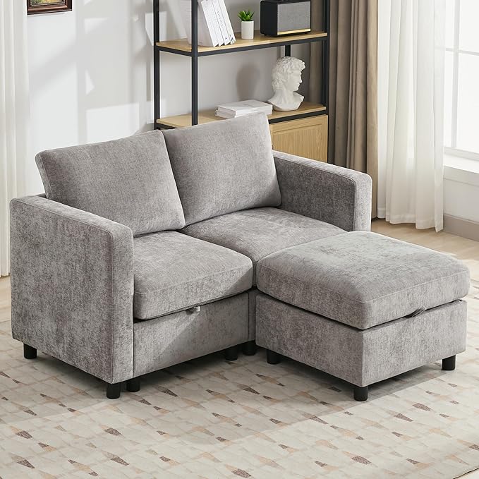 WUTUTUEE 58”Modular Sectional Loveseat Sofa with Storage, Comfy Office L Shaped Sofa Couch, Chenille Love Seat Modular Sectional Couch with Movable Ottoman for Living Room, Bedroom, Light Grey