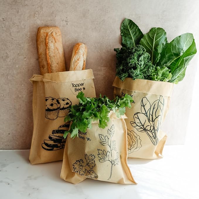Reusable Beeswax Bags – Set of 3 Bread & Herb Storage Wraps – Waxed Cotton, Plastic-Free, Handmade in Chile by Tapper Bee