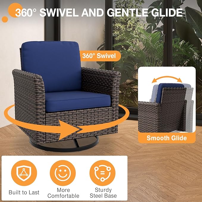 COOS BAY Harbor Retreat 4 Piece Outdoor Furniture Set, Patio Conversation Set with Swivel Rocking Chairs and Ottomans, Wicker Furniture, Brown/Blue