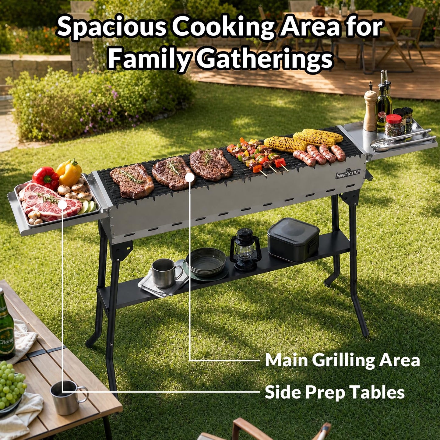 Charcoal Grill, Foldable Portable Camping Charcoal Grill, Stainless Steel BBQ Grill with Ceramic Grate, 2-in-1 Side Tables & Pull-Out Ash Pan Outdoor & Backyard Grill for Patio Cooking