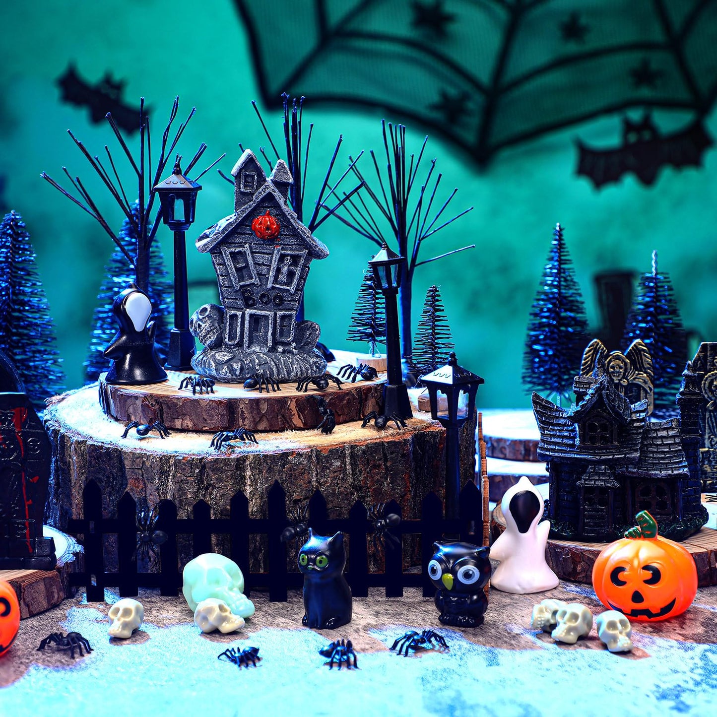 Colingmill 56 Pcs Halloween Village Accessories Set Halloween Haunted House Village Set Miniature Tombstones Tree Fake Spiders Fence Streetlamp Figurines for Home Table Party Decor