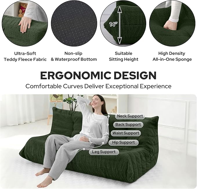 HABUTWAY Bean Bag Chairs Fireside Lazy Floor Sofa, Soft Teddy Fleece 3 Seater Sofa with High-Resilience Foam Filling，Beanbag for Living Room, Bedroom, Office (Green Teddy)