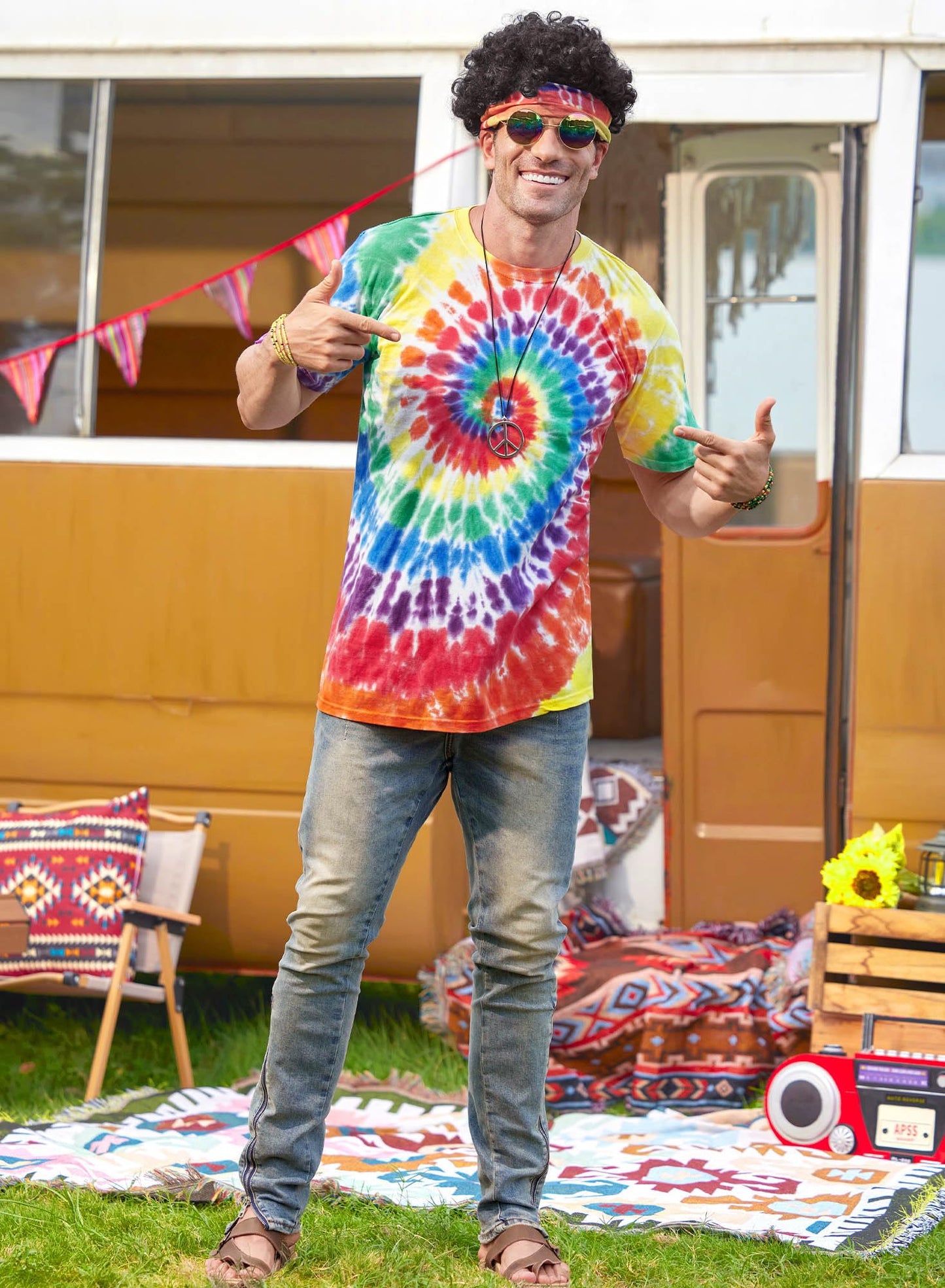 Mainfini Hippie Costume for Men Women Comfortable 60s 70s Outfits Carnival Tie Dye Peace Novelty Theme Party Glasses XL