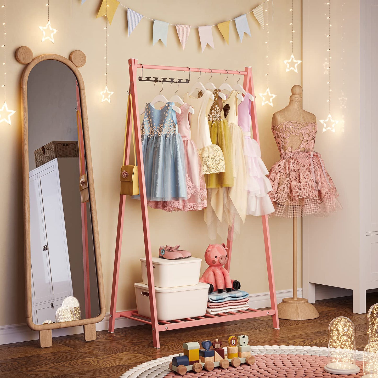 Bestier Kids Clothing Rack - Kids Costume Garment, Bottom Storage Shelf, Small Metal Dress Up Rack for Baby, Toddler, Children, Girls - Pink