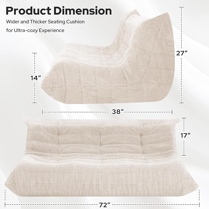 HABUTWAY Bean Bag Chairs Fireside Lazy Floor Sofa, Soft Teddy Fleece 3 Seater Sofa with High-Resilience Foam Filling，Beanbag for Living Room, Bedroom, Office (Beige Teddy)