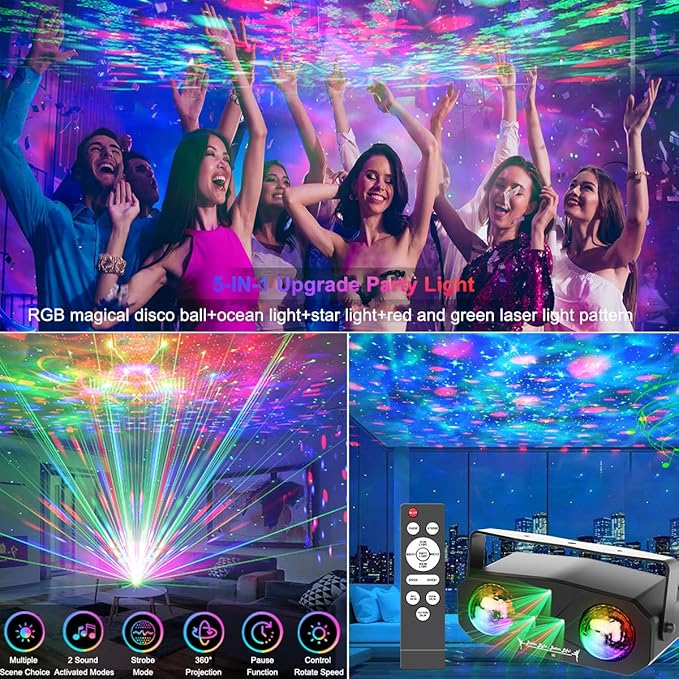 Disco Ball Light,Party Disco Dj Strobe Ocean Star Projector Dance Light Sound Activated with Remote Control Stage Rave for Parties Club Bar Birthday Wedding KTV Christmas Halloween Dancing Décor