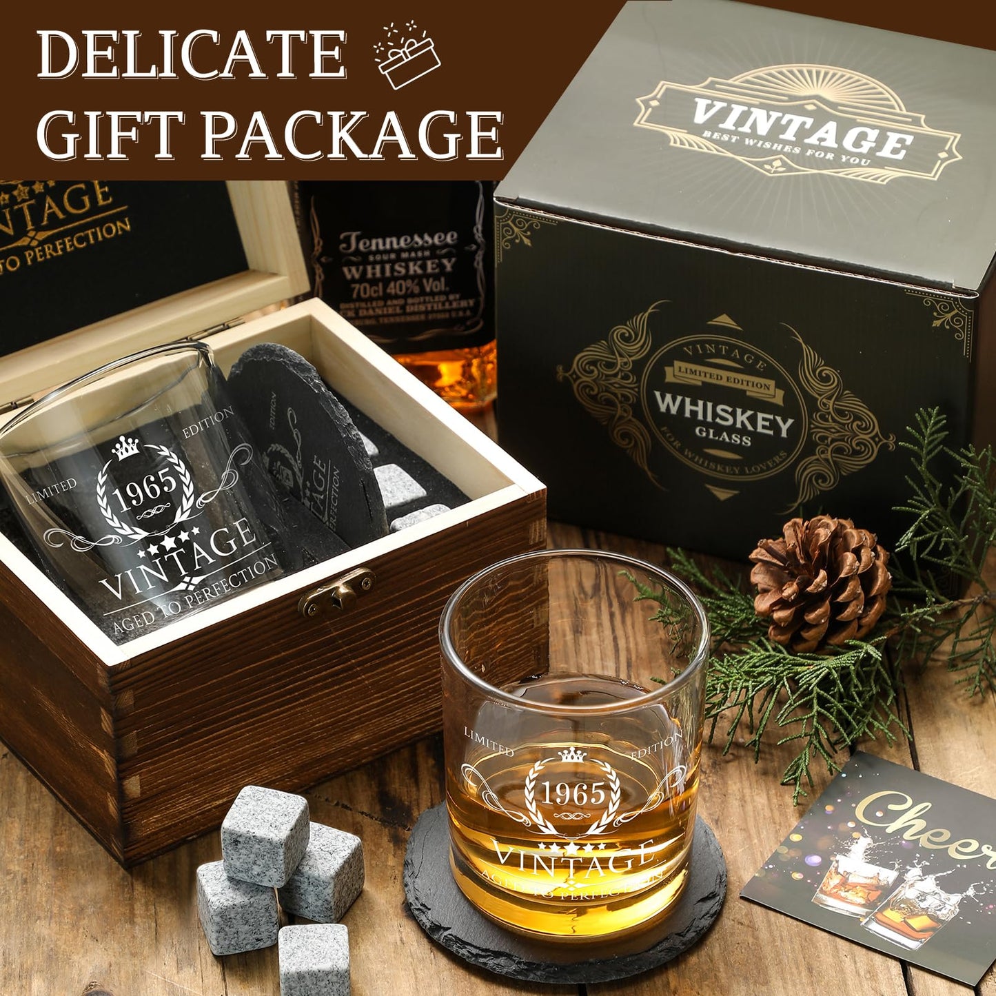 60th Birthday Gifts for Men Whiskey Glass Set - 60th Birthday Decorations, Party Supplies - 60 Year Anniversary, Bday Gifts Ideas for Him, Dad, Husband, Friends - Wood Box & Whiskey Stones & Coaster
