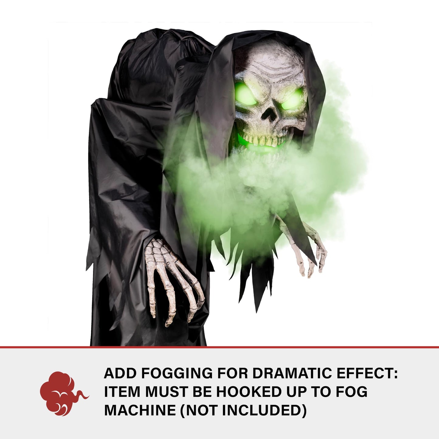 Haunted Hill Farm Motion-Activated Hunched Skeleton Reaper by Tekky, Talking Halloween Animatronic for Indoor or Covered Outdoor Creepy Halloween Decorations, Plug-in or Battery Operated Fright Props