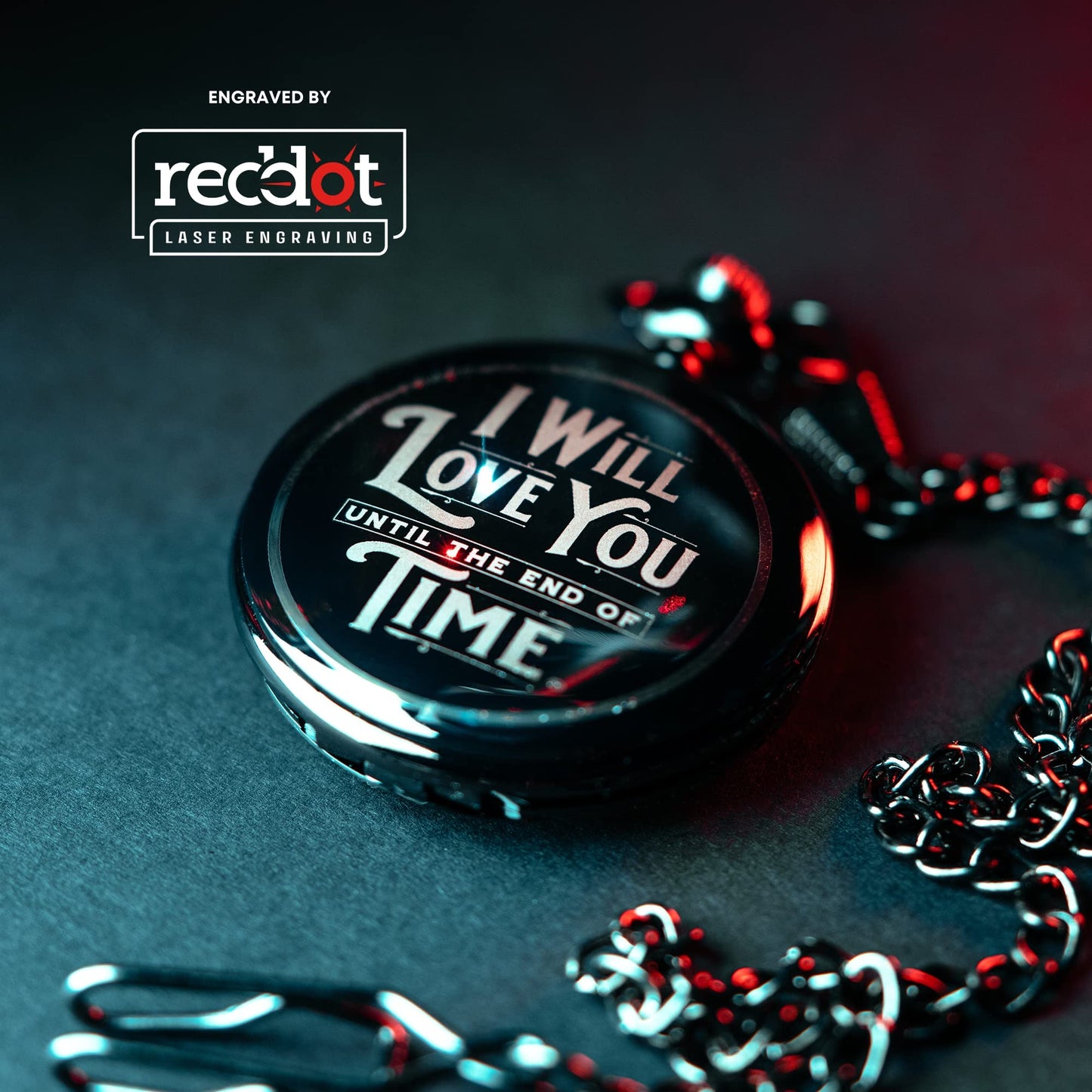 Engraved Pocket Watch with Chain for Husband or Boyfriend | Classy Gift Set for Anniversary or Any Occasion (I Will Love You Until the End of Time)