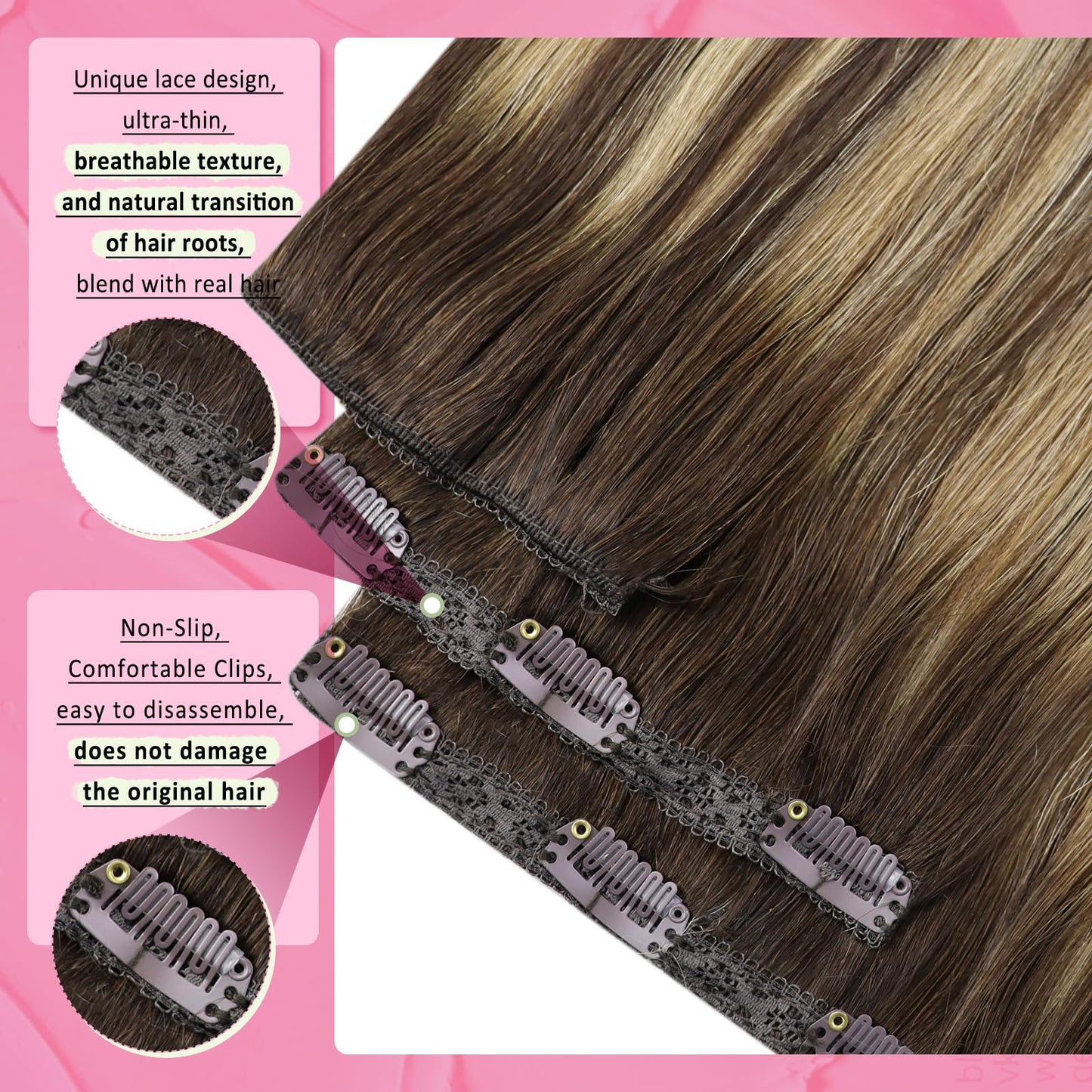 YoungSee Clip in Human Hair Extension Balayage Hair Clip in Extensions Chocolate Brown Balayage Caramel Brown Clip in Hair Exten