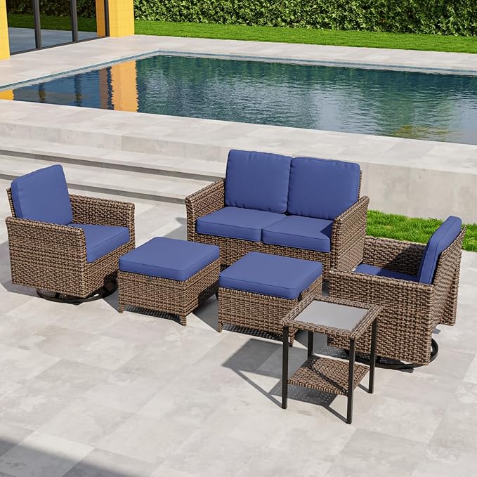 COOS BAY Harbor Retreat 6 Piece Outdoor Furniture Set, Patio Conversation Set with Swivel Rocking Chairs, 2 Seat Loveseat, Side Table and Ottomans, Wicker Furniture, Brown/Blue