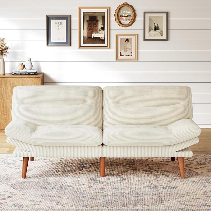 Marsail 75" Futon Sofa Bed, Corduroy Loveseat Futon Couch with Adjustable Backrest & Armrests, Convertible Sleeper Sofa Bed for Apartment, Living Room, Office, White