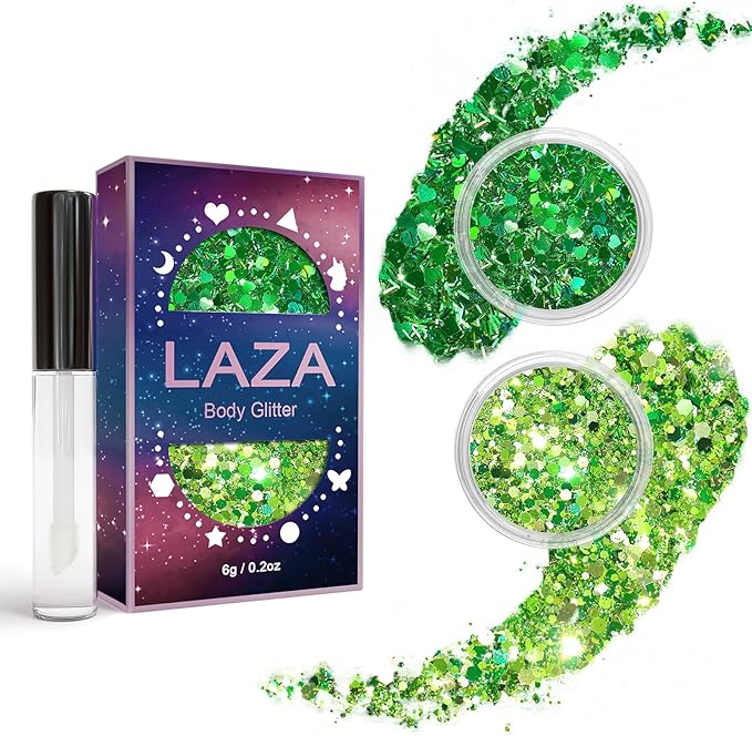 Laza 2 Jars St. Patrick’s Day Body Glitter Iridescent Chunky Sequins with Glitter Glue Women Eyeshadow Makeup Face Paint F...