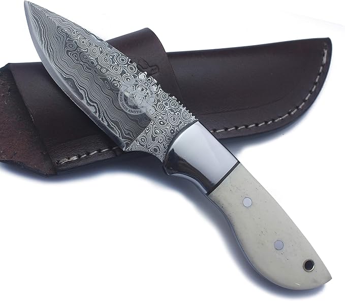 WolfKlinge Handmade Damascus Steel Fixed Blade Knife with Full Tang Bone Handle and Premium Buffalo Hide Leather Sheath fo...