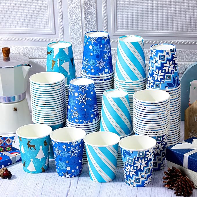 Jinei 200 Pcs Christmas Paper Cups 9 oz Paper Cup Snowflake Design Hot Beverage Cups Christmas Drinkware Party Supplies De...