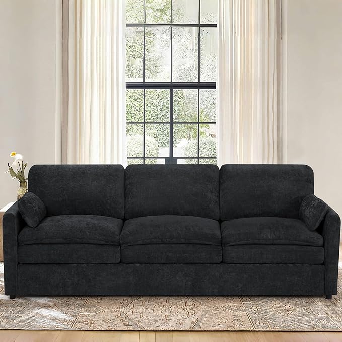ACMEASE 89” Chenille Sofa w/Two Arm Pillows, Upholstered 3 Seater Sofa w/Comfortable Back Cushions, Modern 3 Seats Couch w/High-Density Foam for Living Room, Apartment, Office, Black